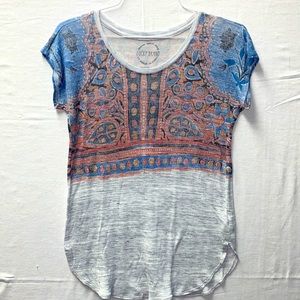 Lucky Brand Boho Bohemian Floral Print Short Cap Sleeve Top Scoop Neck Sz small